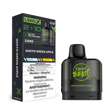 flavour-beast-level-x-g2-gusto-green-apple-vape-pod-20mg-maple-ridge-langley-vape-shop-hootz